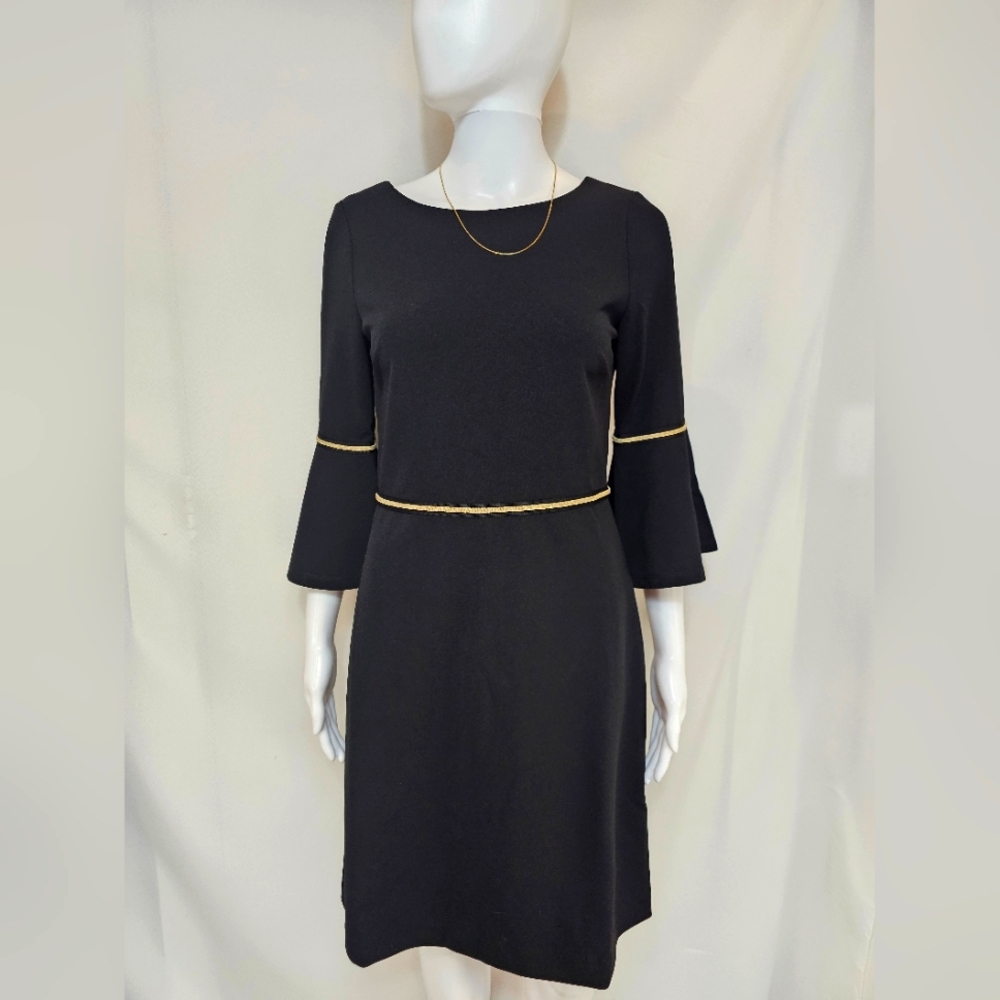 Tommy Hilfiger Black Bell Sleeve Dress with Gold Trim – Size 4